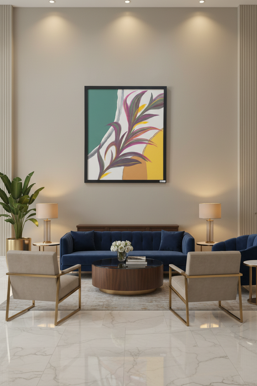 CatArts Ripples and Reeds original painting in a black frame styled in a grand professional lobby area
