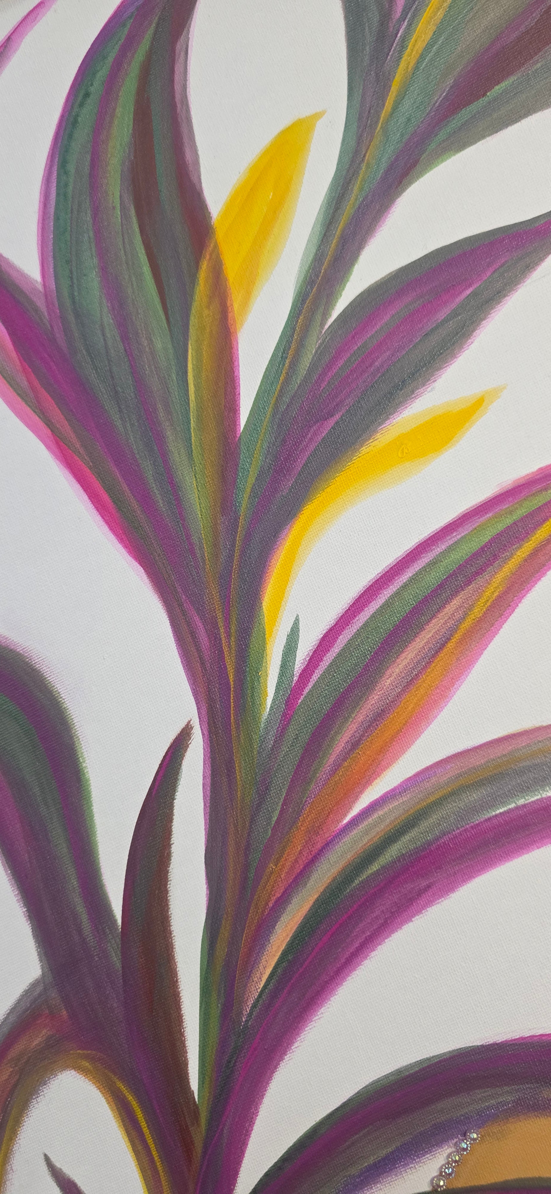 Detailed close-up of the hand-painted purple reeds and the fine shimmering accents on the 'Ripples and Reeds' canvas