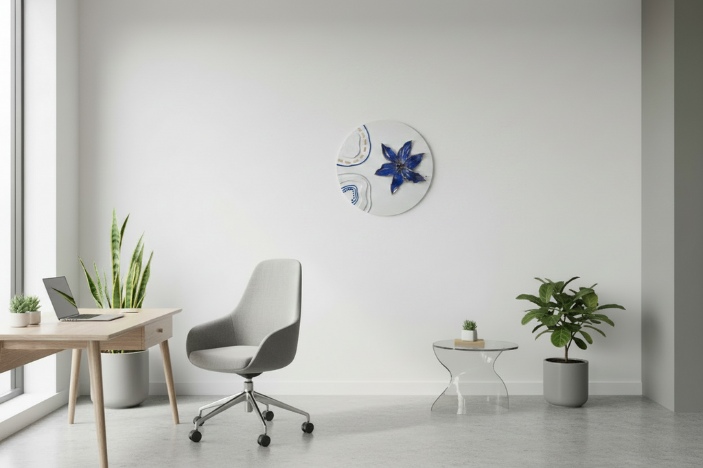 Modern blue and gold 3D wall art 'Royal Blue Blossom' styled in a minimalist executive home office.