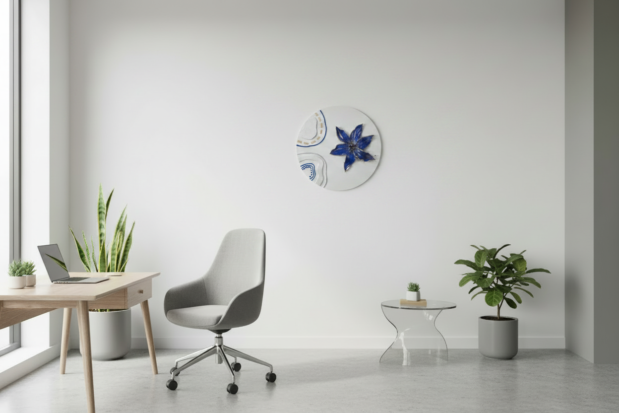 Modern blue and gold 3D wall art 'Royal Blue Blossom' styled in a minimalist executive home office.