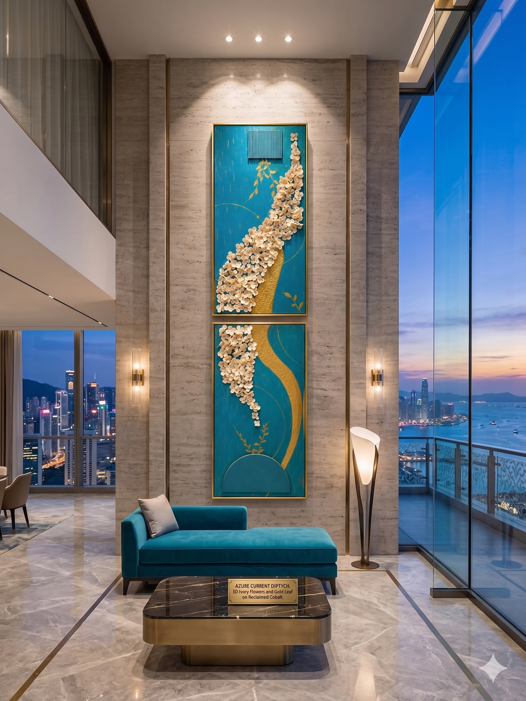Grand vertical display of Royal Blue Blossom diptych stacked as a 160cm pillar in a luxury hallway.