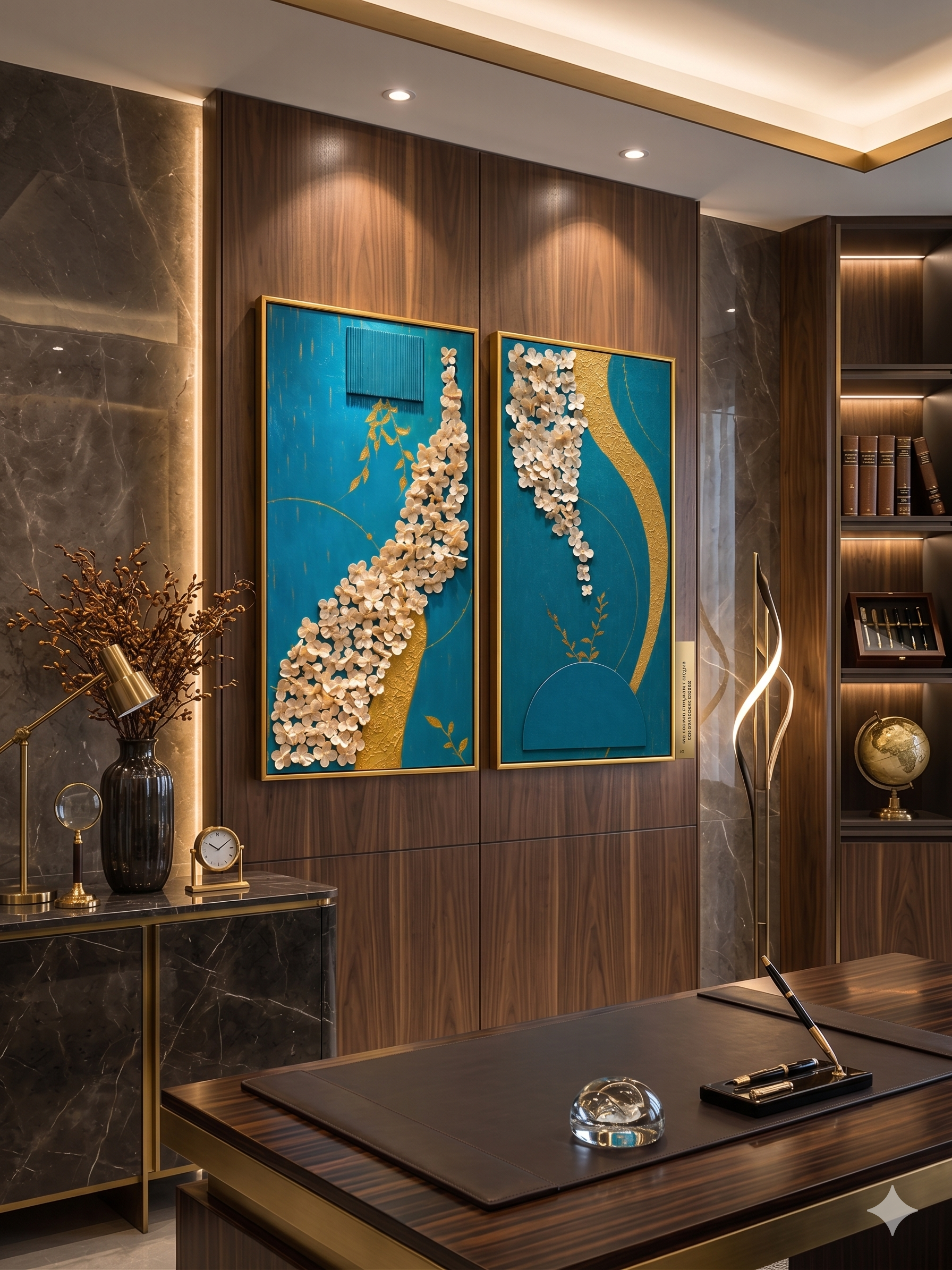 This is a prominent, vertically oriented, illuminated two-panel relief sculpture (twin board) set in a gold frame, mounted on a central fluted column within a luxurious, high-ceilinged Office