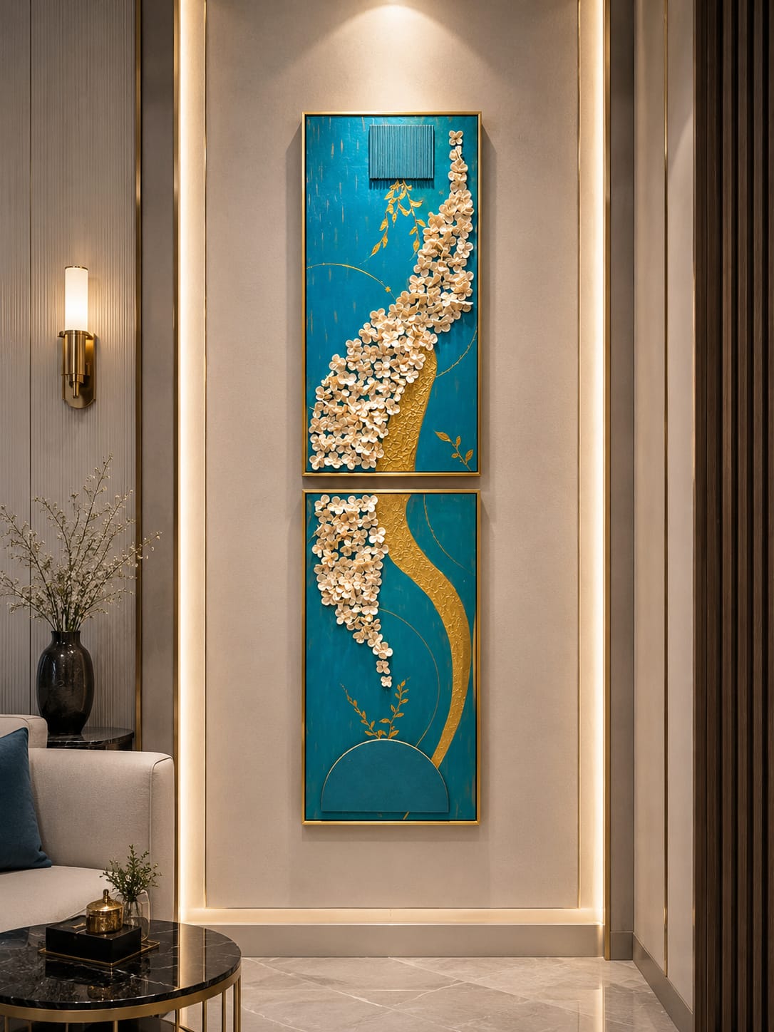 Royal Blue Blossom sustainable 3D turquoise and gold set styled side-by-side horizontally in a modern executive office.
