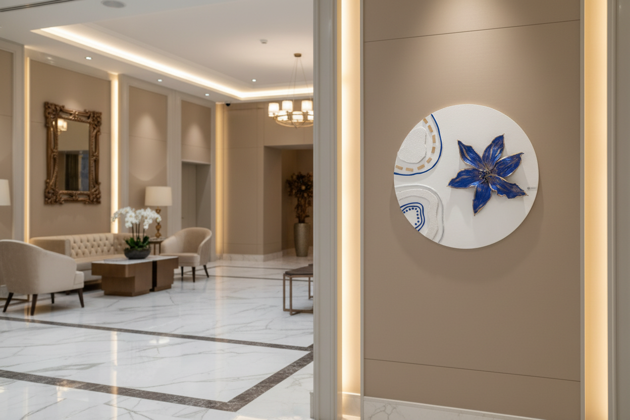 Royal Blue Blossom original 3D sculpted round painting displayed in a luxury marble hotel lobby