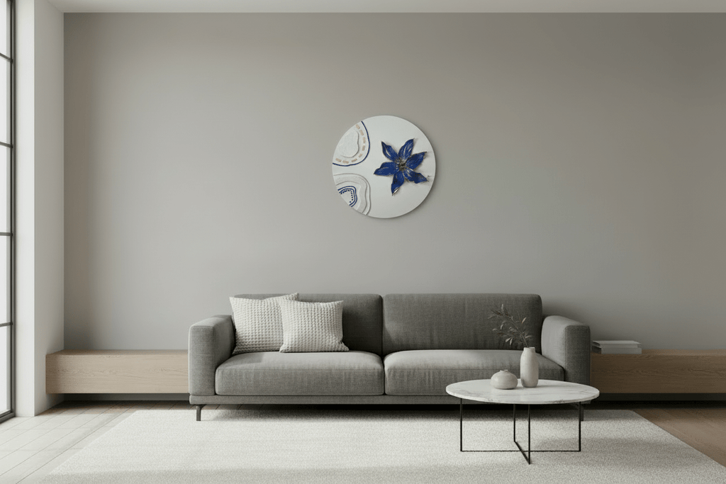 CatArts Royal Blue Blossom 60cm round painting hanging in a contemporary living room above a grey sofa.