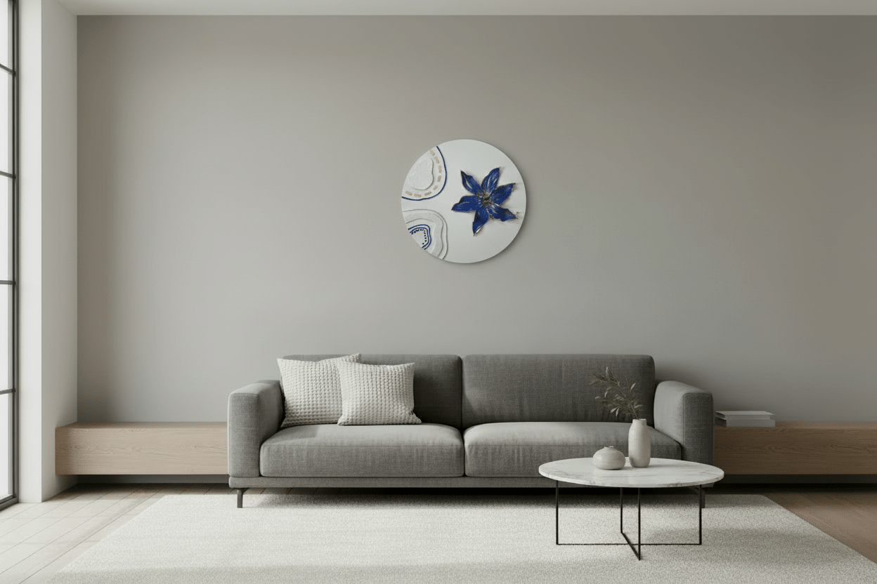 CatArts Royal Blue Blossom 60cm round painting hanging in a contemporary living room above a grey sofa.