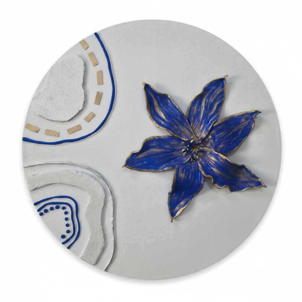 Detailed angled close-up of the 3D blue petals and textured background on the 'Royal Blue Blossom' canvas.