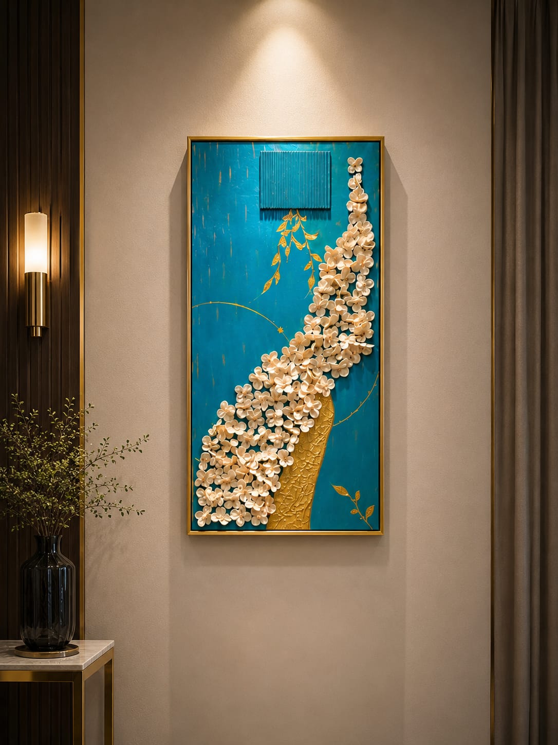 Top panel of Royal Blue Blossom 40x80cm featuring white 3D flowers and fluted geometric box detail.