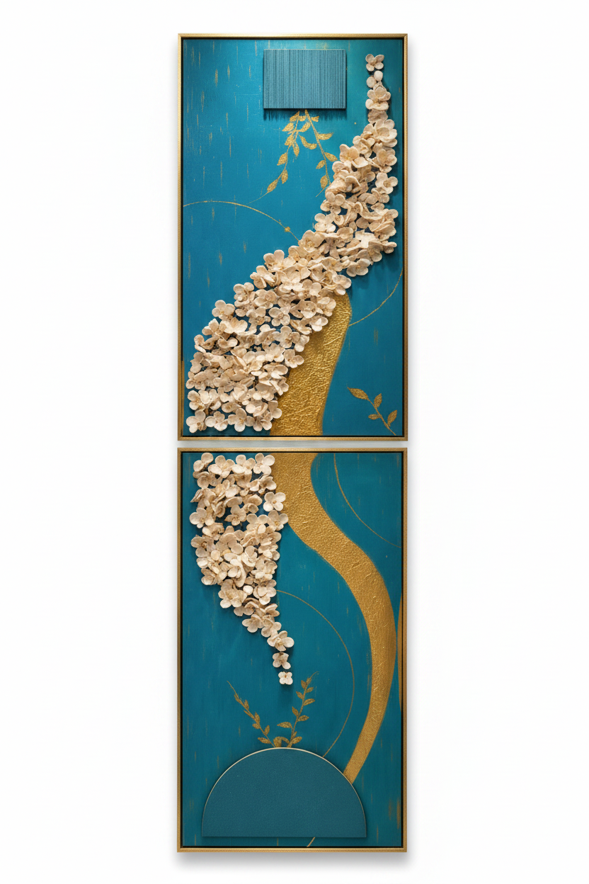 Decorative wall piece with floral design on a blue background