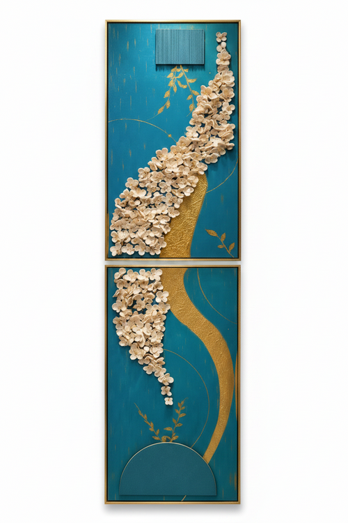 Decorative wall piece with floral design on a blue background