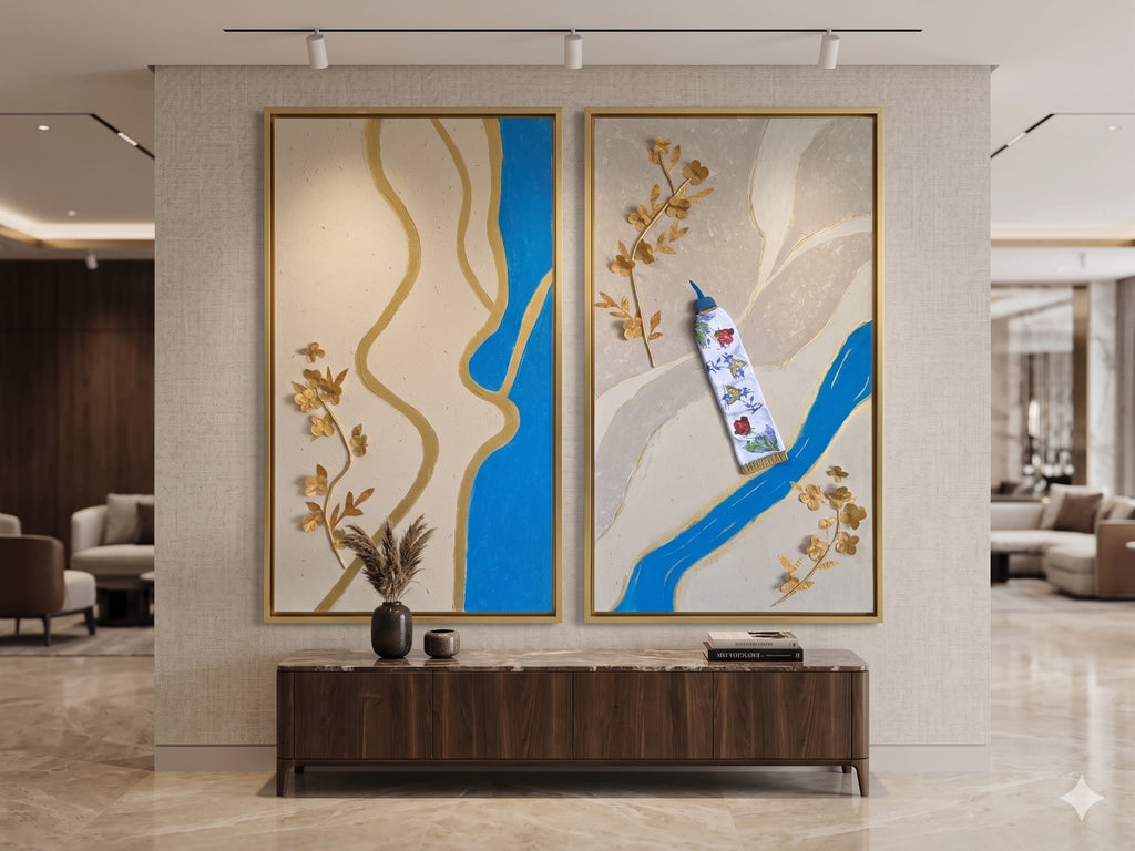 Modern interior with abstract wall art and a wooden console table.