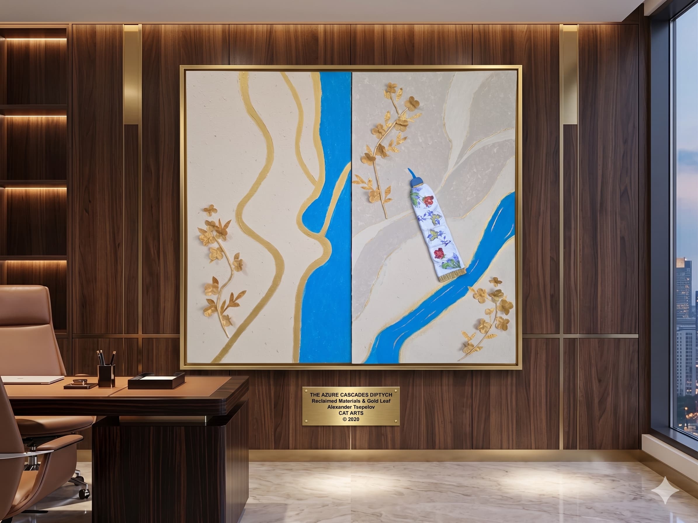 Decorative wall art with abstract design and product placement in a modern office setting.
