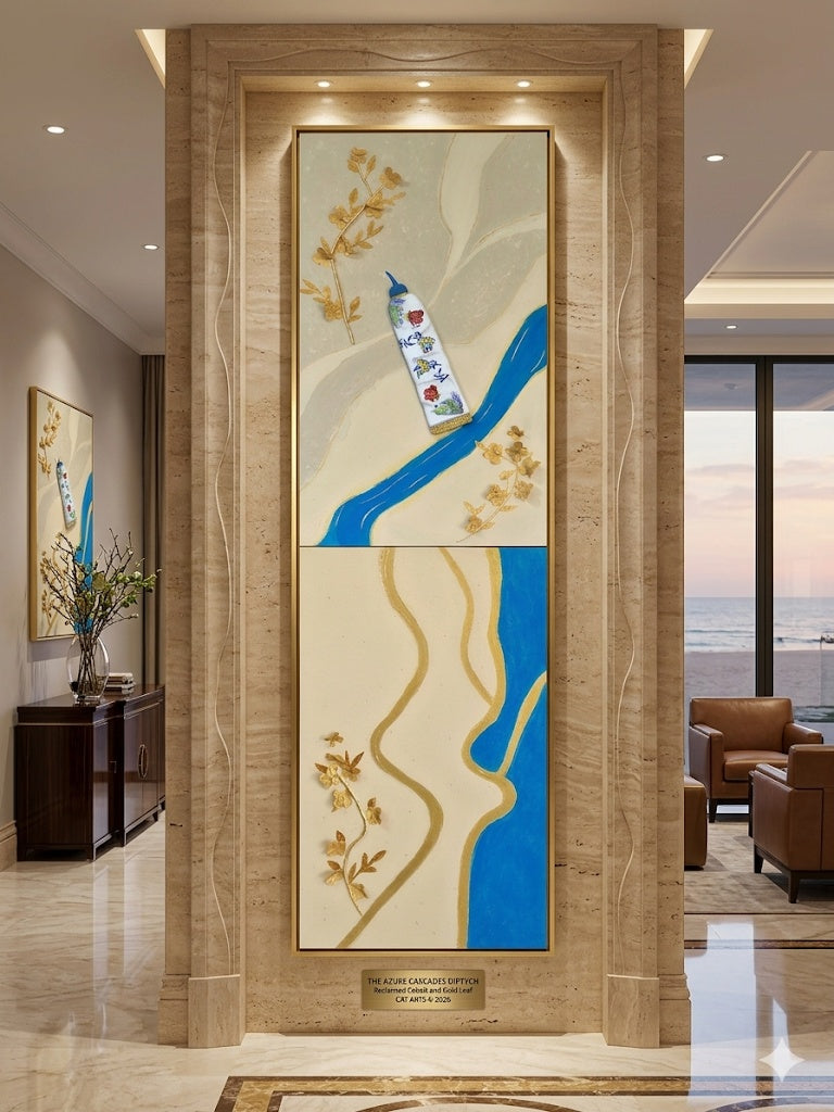 Grand 180cm vertical display of Sapphire Dynasty Current 3D sustainable art on a sophisticated hotel lounge wall inside a plain gold frame.