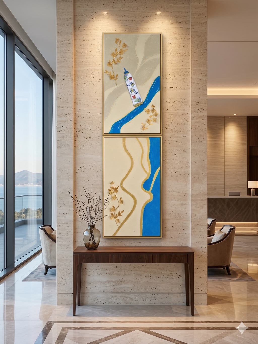 Modern interior with abstract wall art and a console table.
