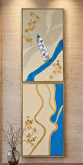 Two framed artworks on a wall with abstract designs and a vase in the foreground.