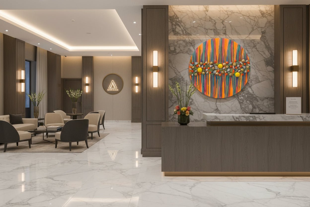 Solar Carnival original yellow and gold textured painting displayed in a bright, luxury hotel lobby