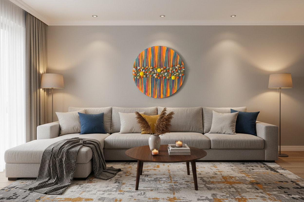 Modern living room with a gray sectional sofa, colorful wall art, and wooden coffee table.