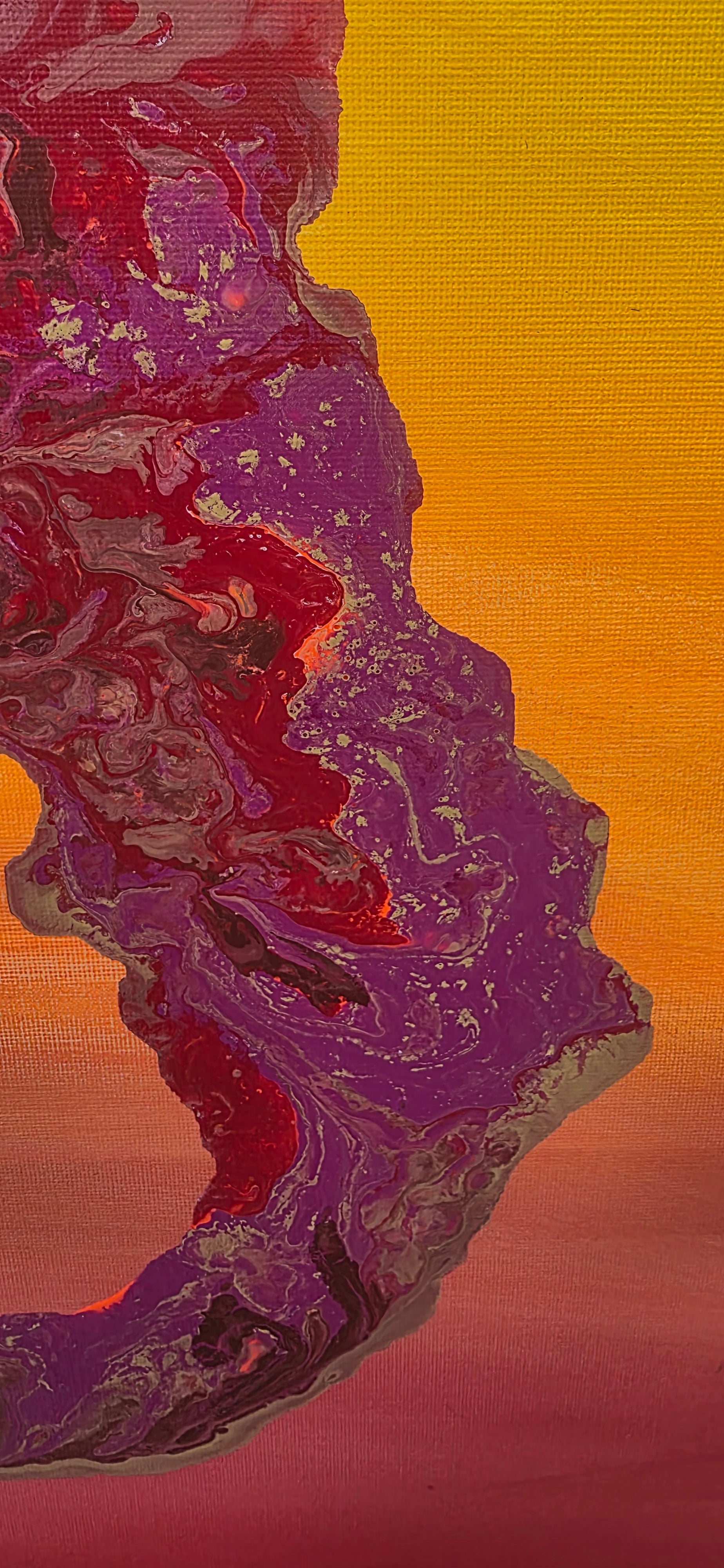 Detailed close-up of the fluid pour texture and marbled crimson pigments on the 'Sunset Flame' canvas.