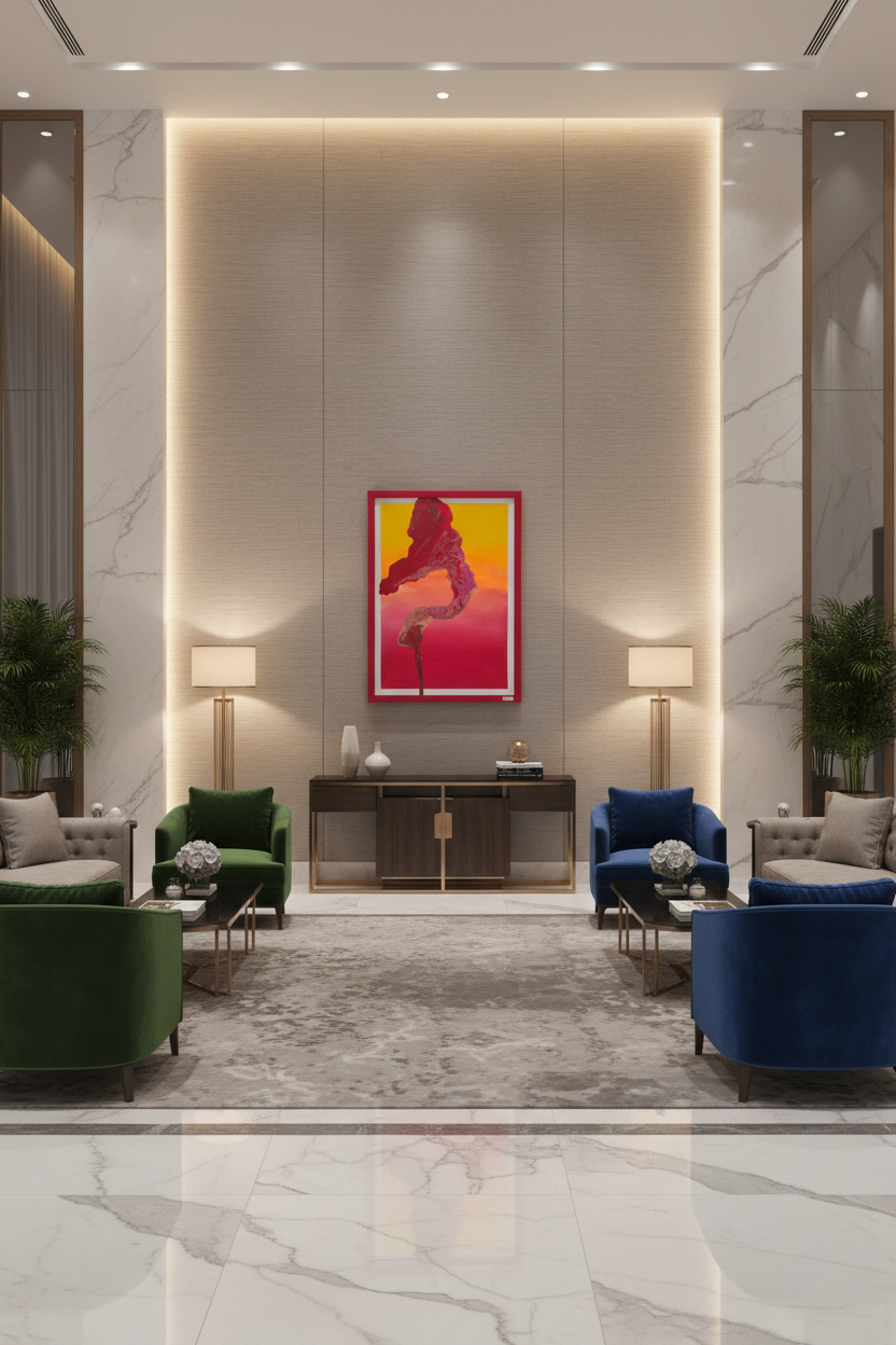 CatArts Sunset Flame original painting in a red frame displayed in a grand luxury lobby with white marble walls