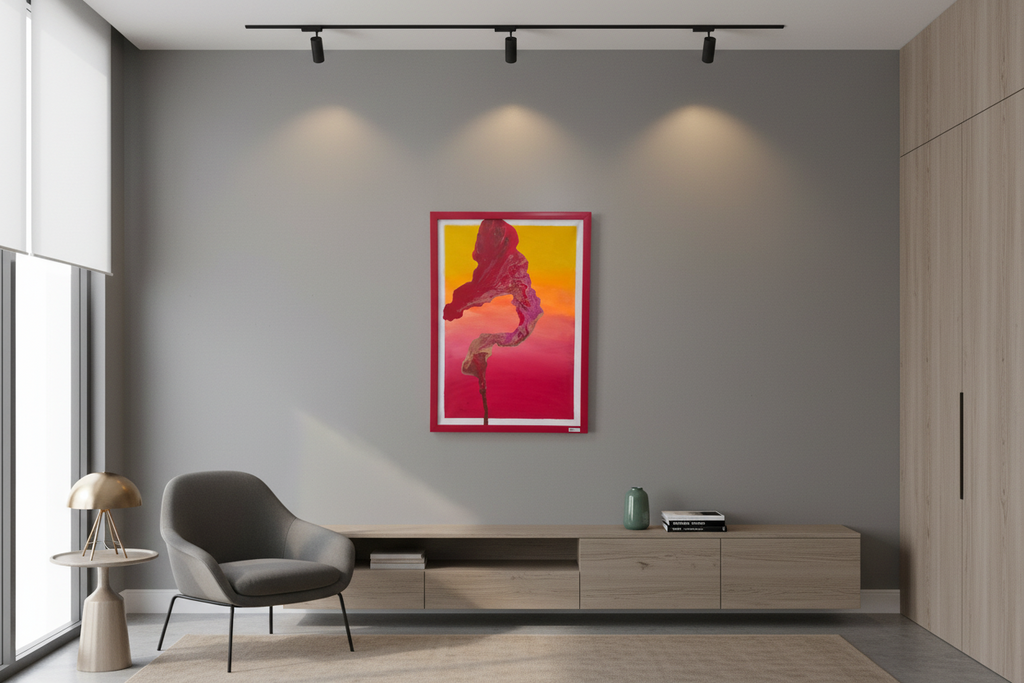Sunset Flame original red and orange abstract painting in a red frame styled in a minimalist grey living room