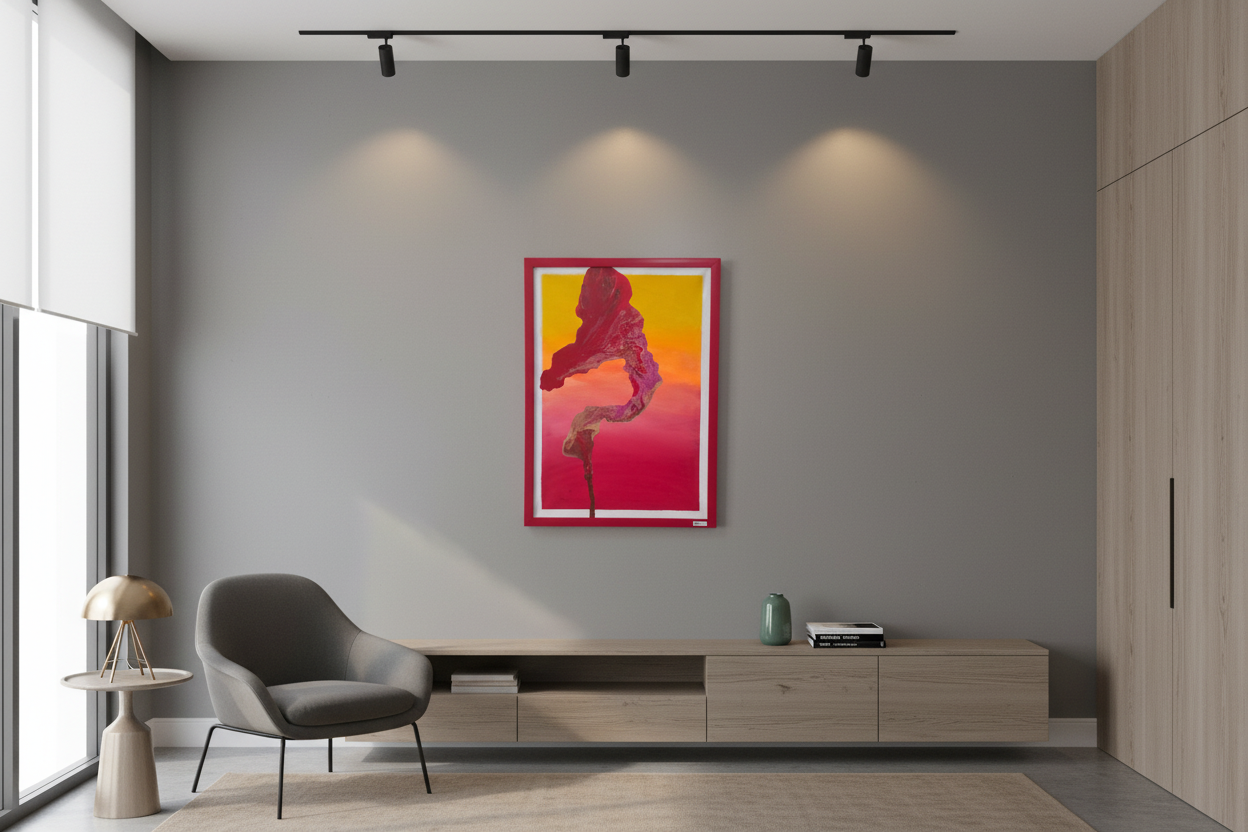 Sunset Flame original red and orange abstract painting in a red frame styled in a minimalist grey living room