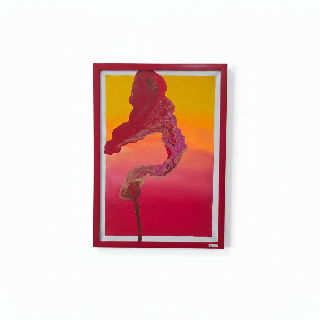 Full front view of Sunset Flame artwork, showcasing the yellow-to-magenta gradient and the fluid red central form.