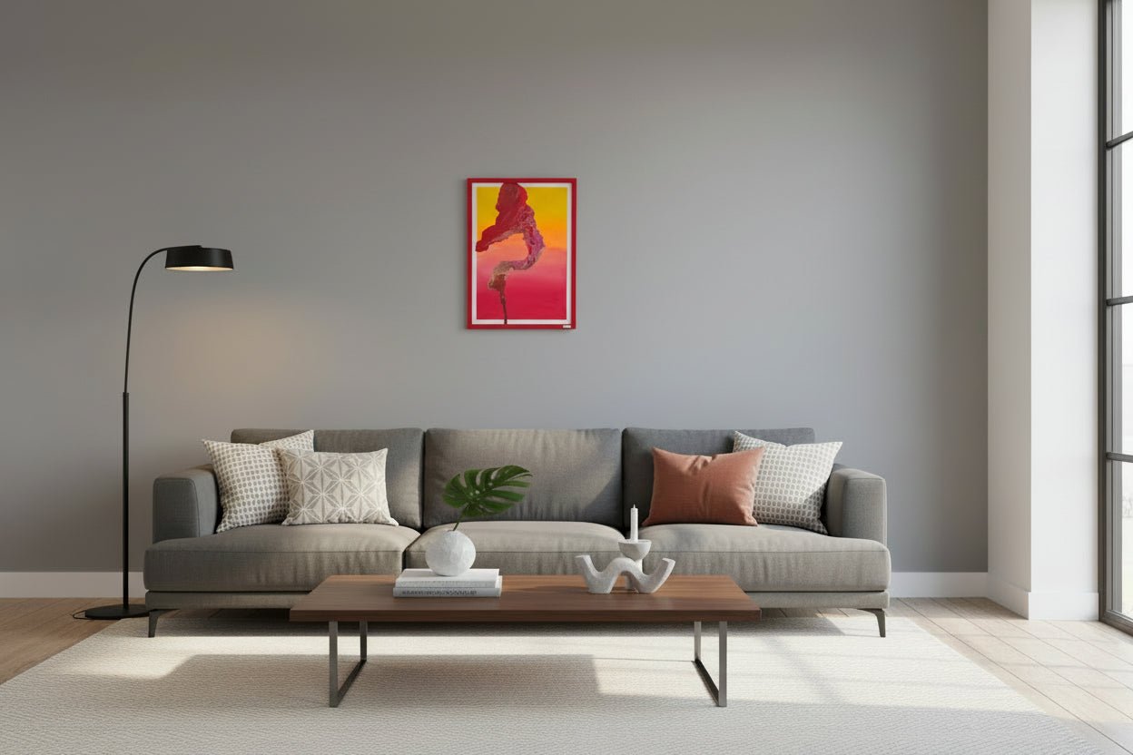 Vibrant sunset-themed abstract art 'Sunset Flame' hanging in a contemporary lounge above a neutral grey sofa.