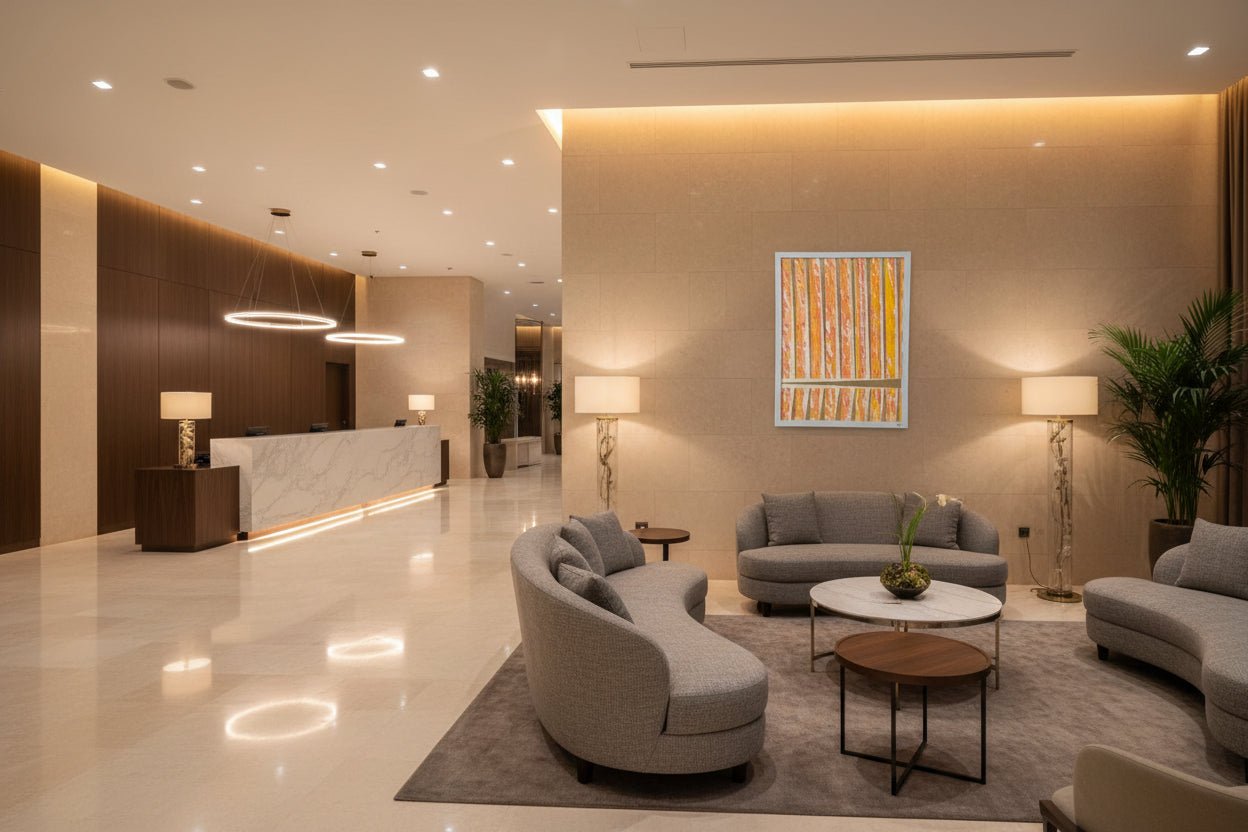 Urban Rhythm original orange and yellow stripe abstract painting displayed in a luxury office reception area