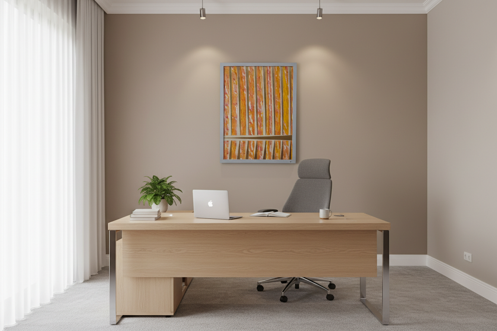 Vibrant geometric wall art 'Urban Rhythm' styled in a contemporary executive office above a wooden desk