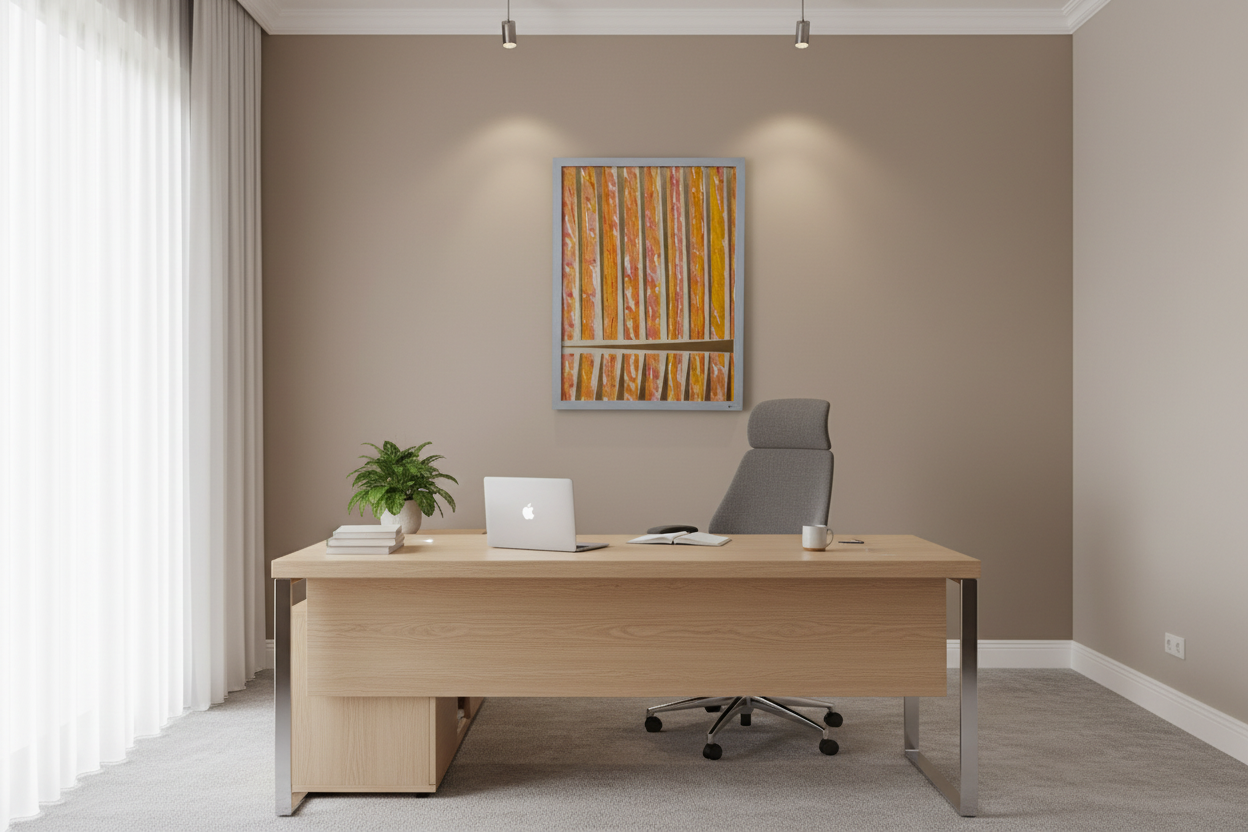 Vibrant geometric wall art 'Urban Rhythm' styled in a contemporary executive office above a wooden desk