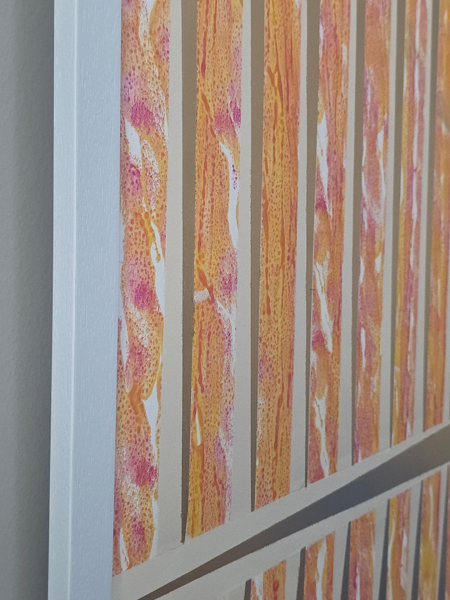 Detailed side-angle view of Urban Rhythm highlighting the mottled paint texture and the depth of the white frame