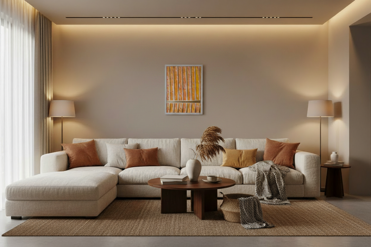 CatArts Urban Rhythm painting in a white frame hanging in a modern living room above a grey sectional sofa
