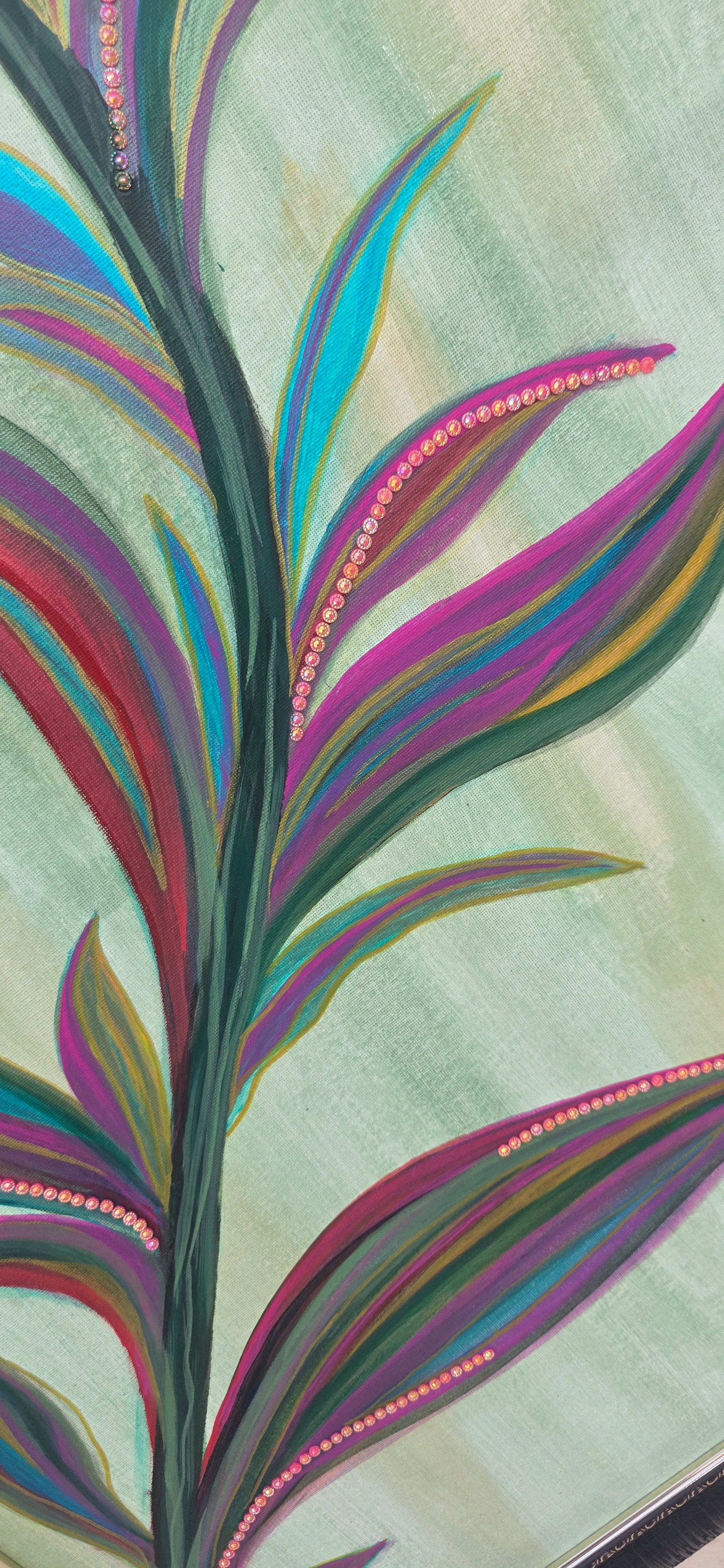 Detailed close-up of the hand-applied shimmering accents and vibrant violet brushwork on the 'Velvet Dawn' canvas.
