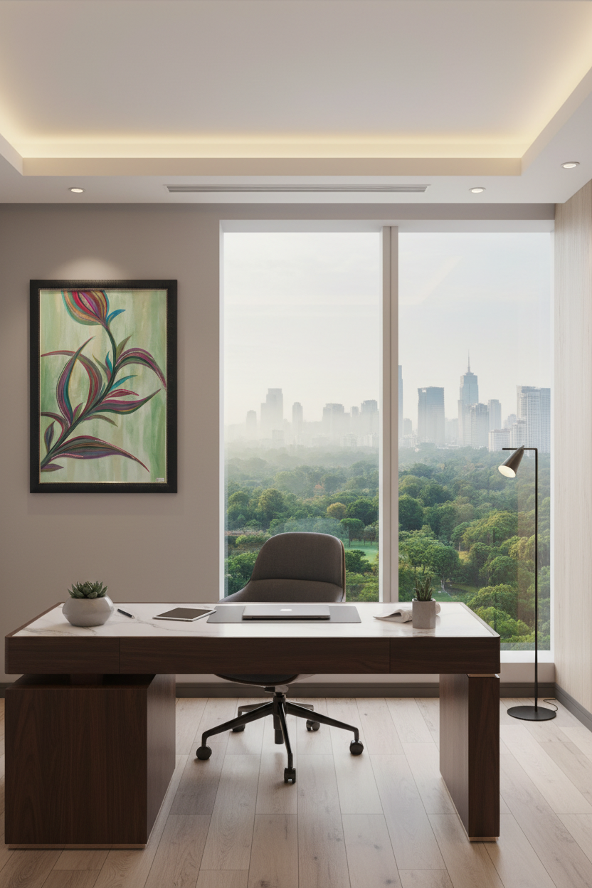 CatArts Velvet Dawn original painting styled in a professional executive office above a modern dark wood desk.