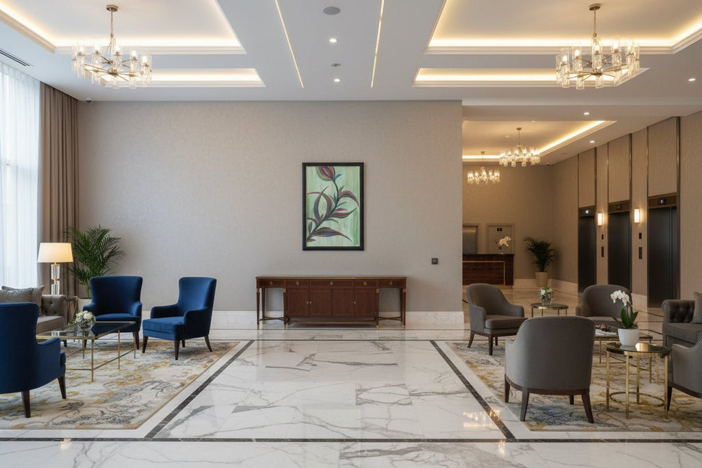 Large framed botanical art 'Velvet Dawn' displayed in a grand luxury hall with marble flooring and high ceilings.