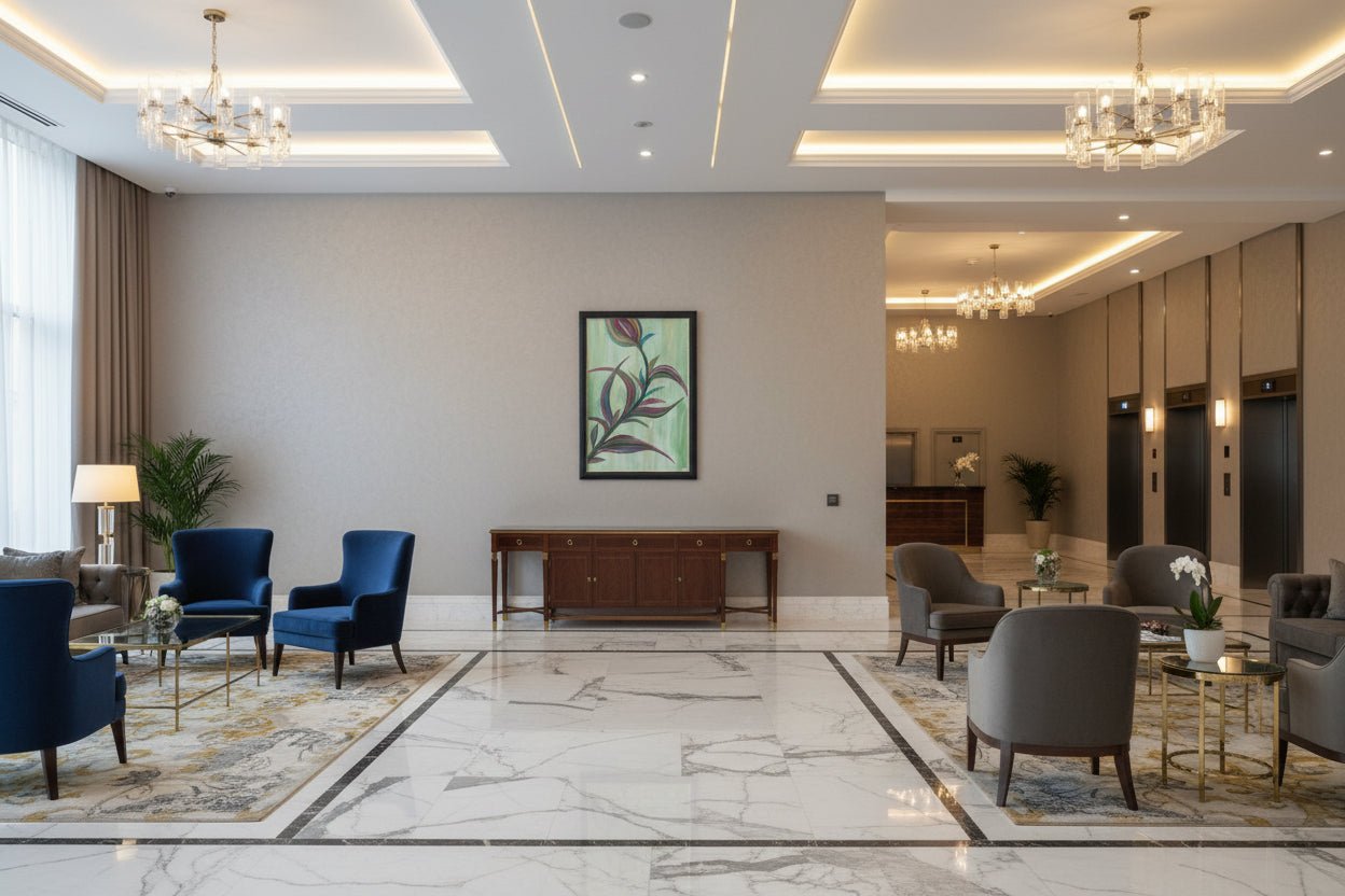 Large framed botanical art 'Velvet Dawn' displayed in a grand luxury hall with marble flooring and high ceilings.