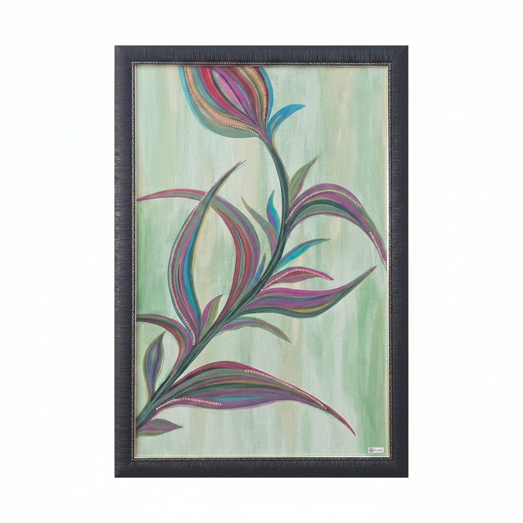 Full front view of Velvet Dawn original artwork, showcasing the magenta petals and shimmering leaf edges.